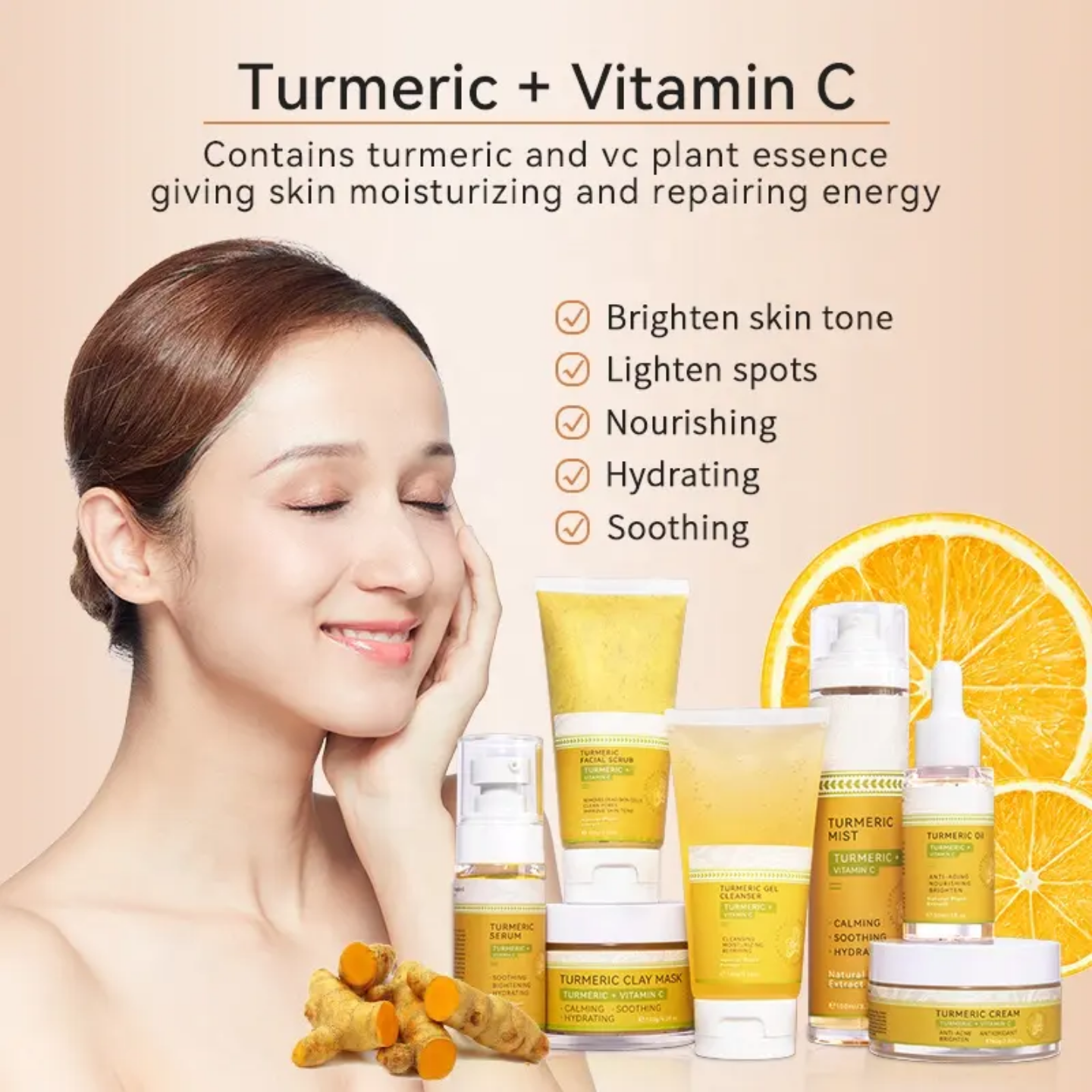 Routine soin curcuma – crème, sérum, toner et masque, nettoyant.