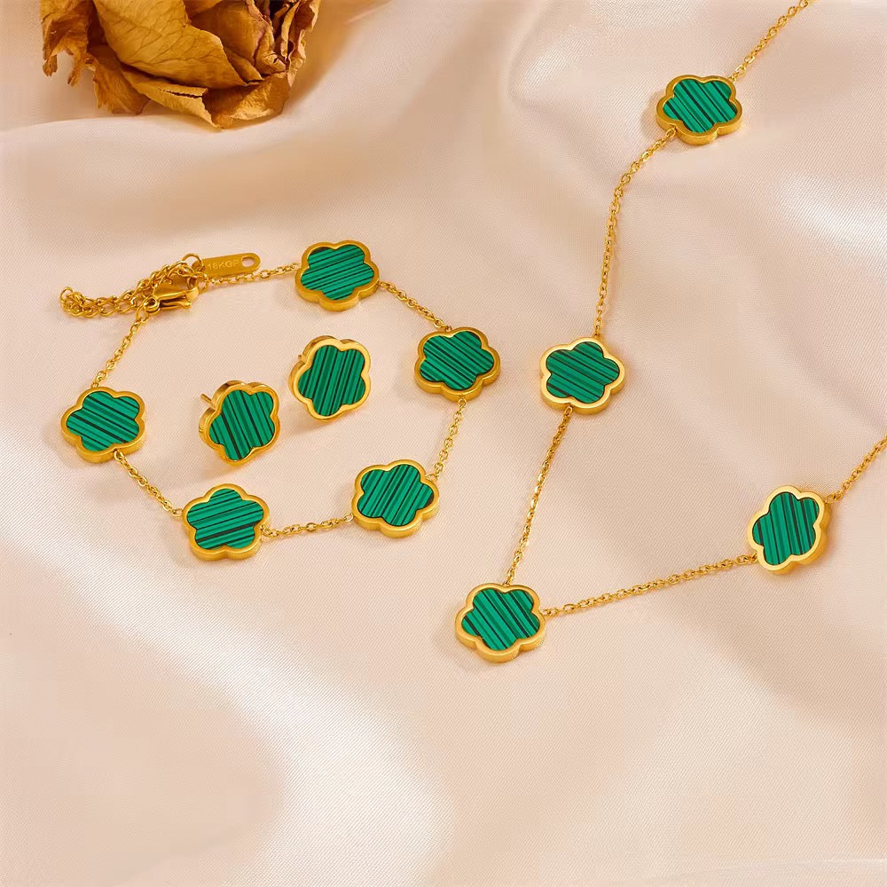 Parure trèfle vert en acier inoxydable – Cadeau bijou femme