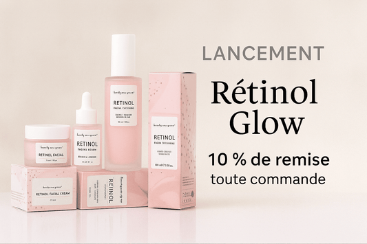 routine rétinol avec soins visage roses et blancs, sérums et crèmes au rétinol présentés ensemble