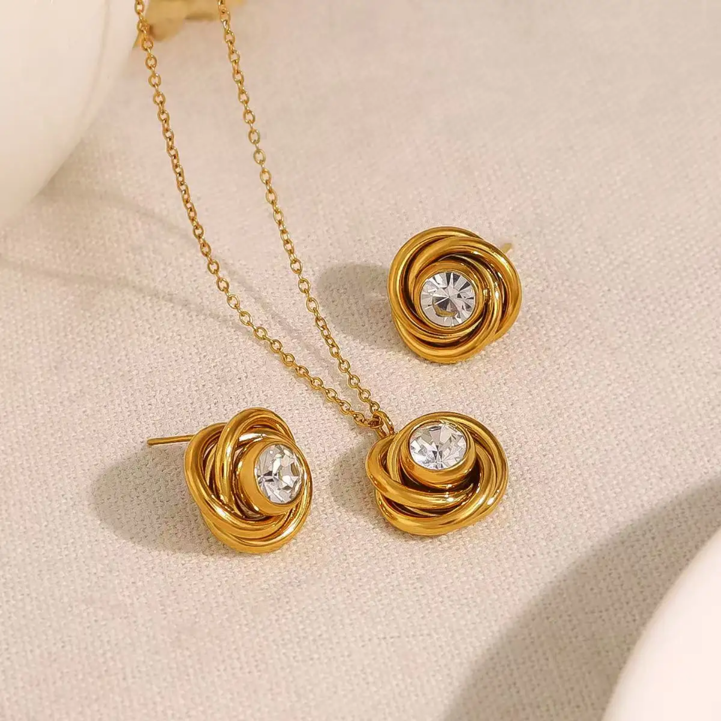 Parure  dorée avec zircon – collier et boucles en acier inoxydable