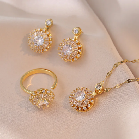 Parure feuille dorée avec bague diamant carré – collier, boucles, bague