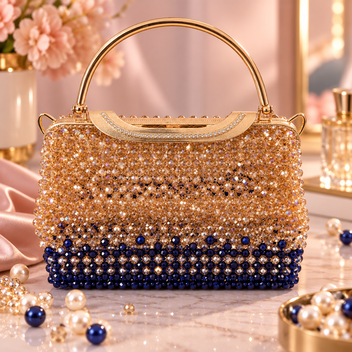 Sac à main perlé Cristal Champagne & Bleu Nuit