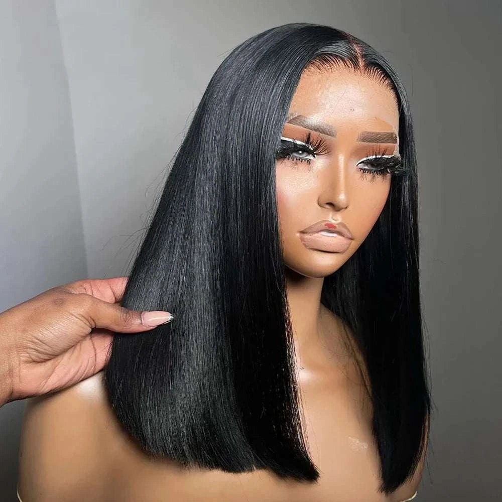 BOB dentelle avant noir en cheveux humains, coupe droite mi-longue et raie latérale naturelle
