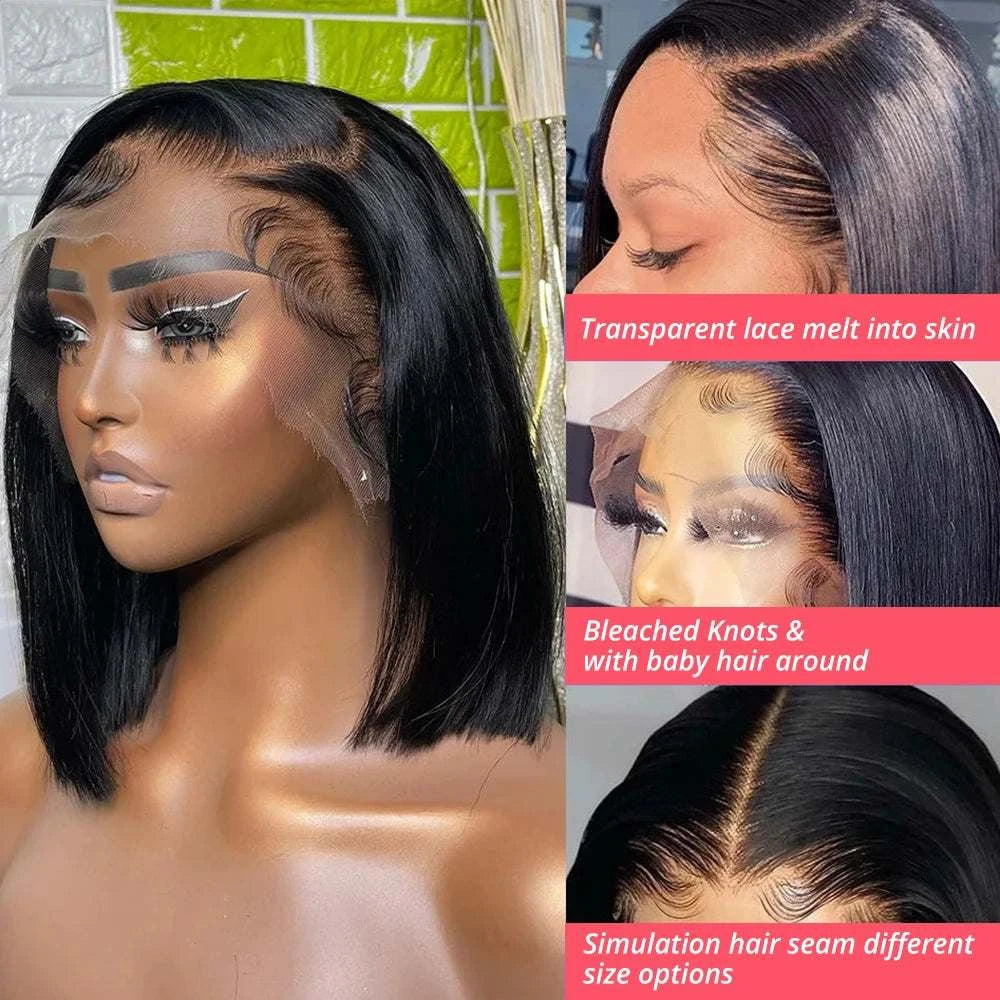 BOB dentelle avant noire en cheveux humains, coupe carrée lisse avec raie sur le côté et baby hair