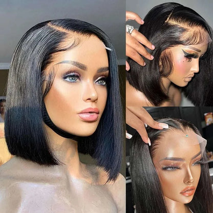 BOB dentelle avant noir en cheveux lisses, coupe carrée, raie latérale et baby hair naturel