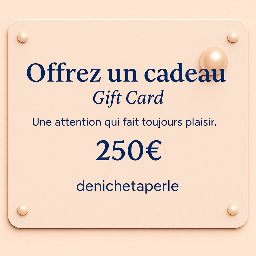 Carte denichetaperle cadeau en teinte pêche, avec texte bleu et montant 250 €, au design raffiné