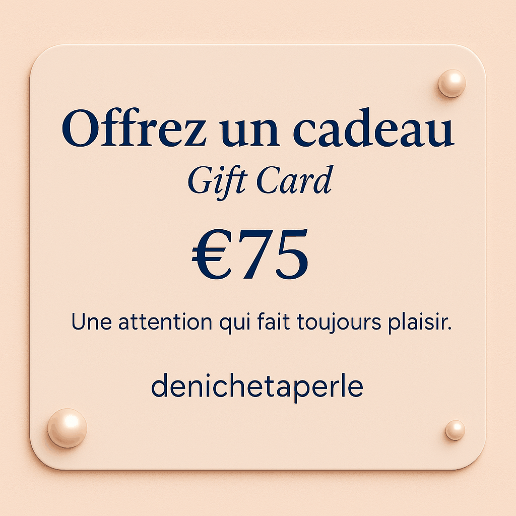 carte denichetaperle cadeau beige avec montant de 75 € et détails décoratifs dorés