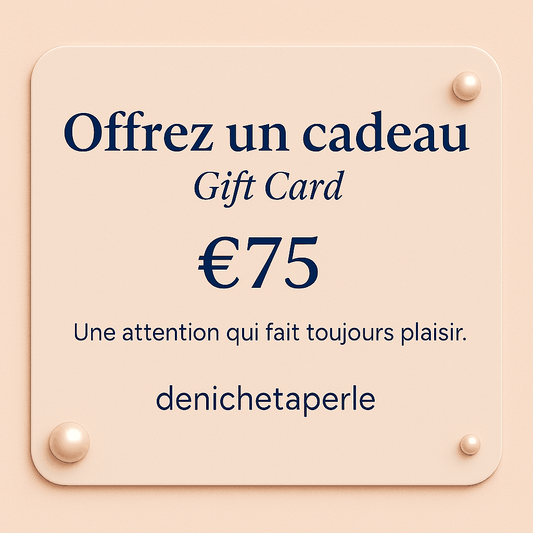 carte denichetaperle cadeau beige avec montant de 75 € et détails décoratifs dorés
