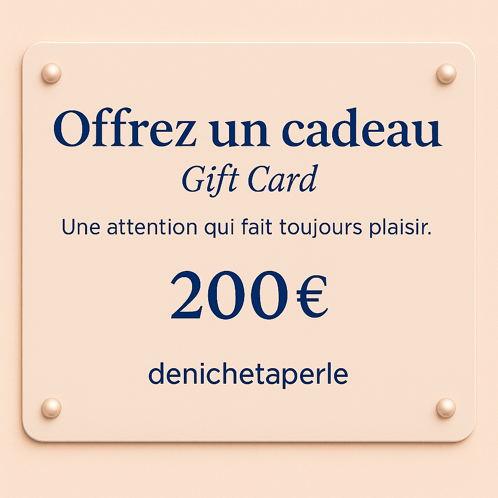 Carte denichetaperle cadeau beige en papier, motif épuré, valeur de 200 € et message raffiné
