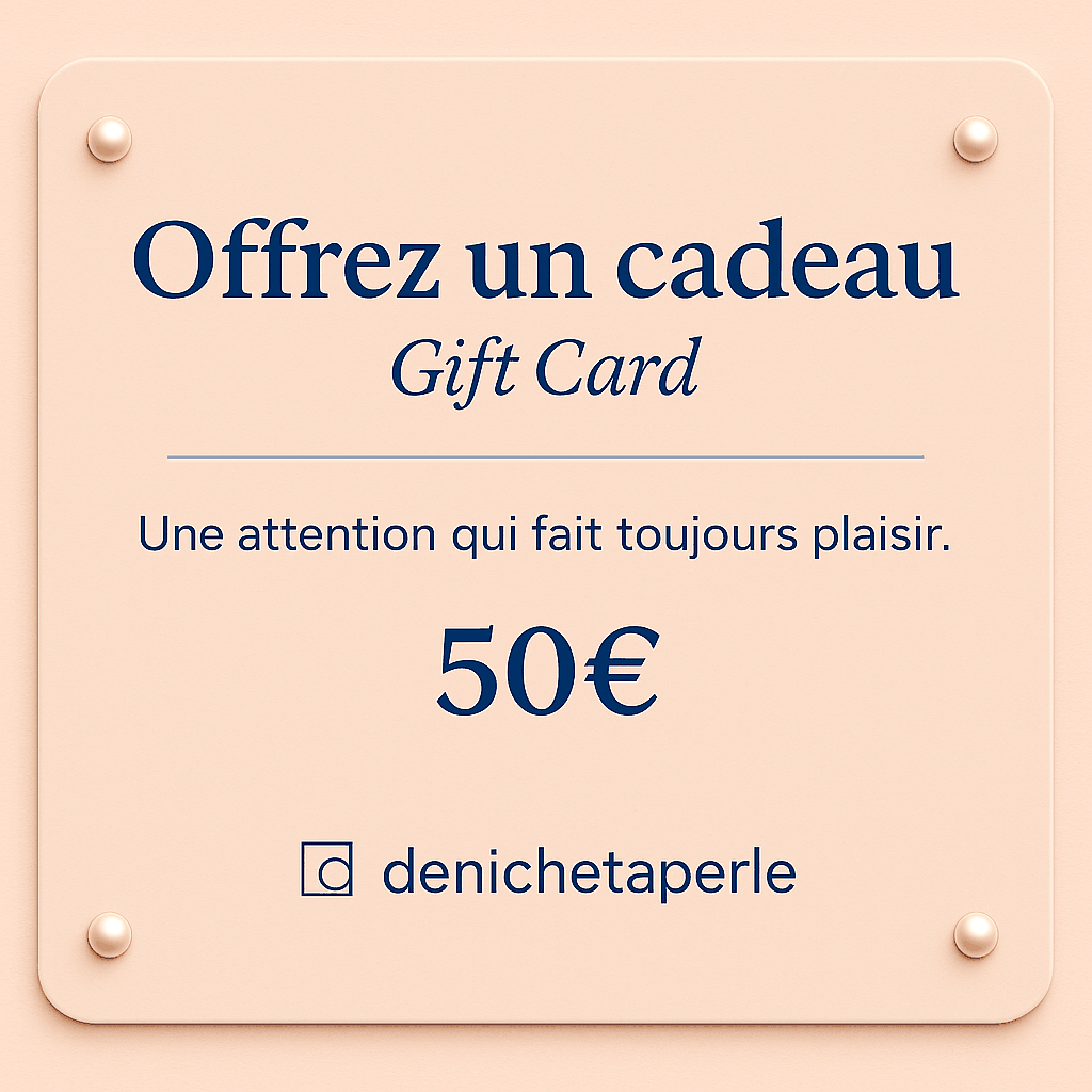Carte denichetaperle cadeau rose poudré à 50 €, avec texte élégant et quatre attaches dorées
