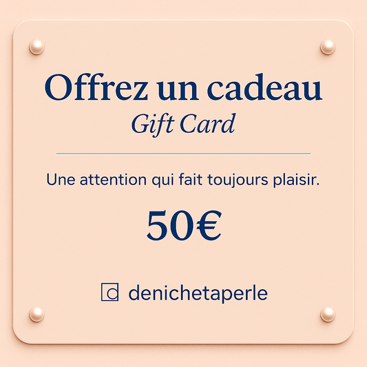 Carte denichetaperle cadeau rose poudré à 50 €, avec texte élégant et quatre attaches dorées