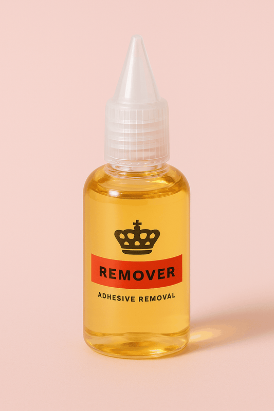 Colle capillaire + Remover, flacon transparent de remover liquide ambré avec bouchon applicateur blanc et étiquette rouge