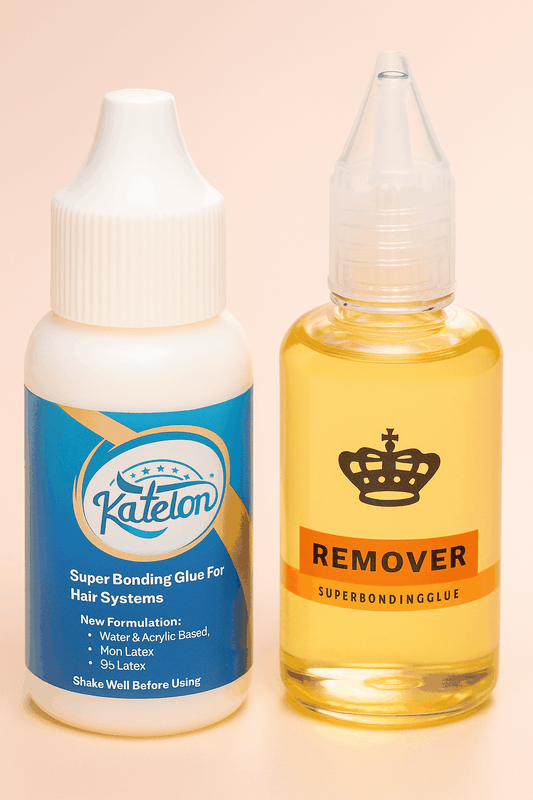 Colle capillaire + Remover, flacons de colle bleue et de dissolvant jaune avec bouchons applicateurs