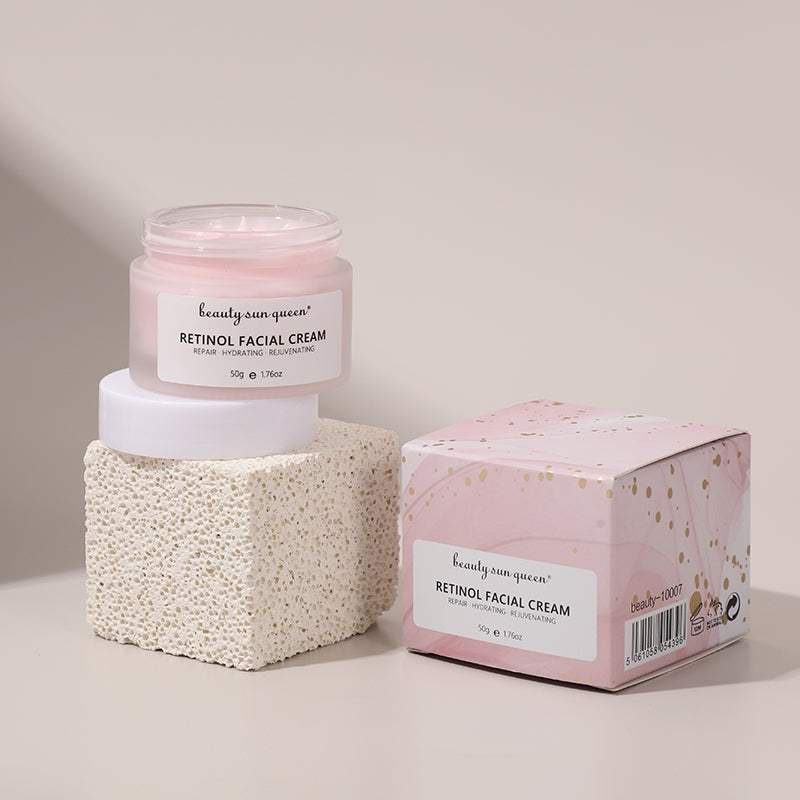 Crème Visage au Rétinol rose dans un pot transparent, avec boîte assortie à motif doré