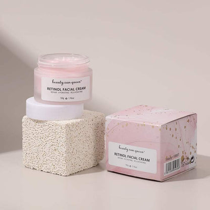 Crème Visage au Rétinol rose dans un pot transparent, avec boîte assortie à motif doré