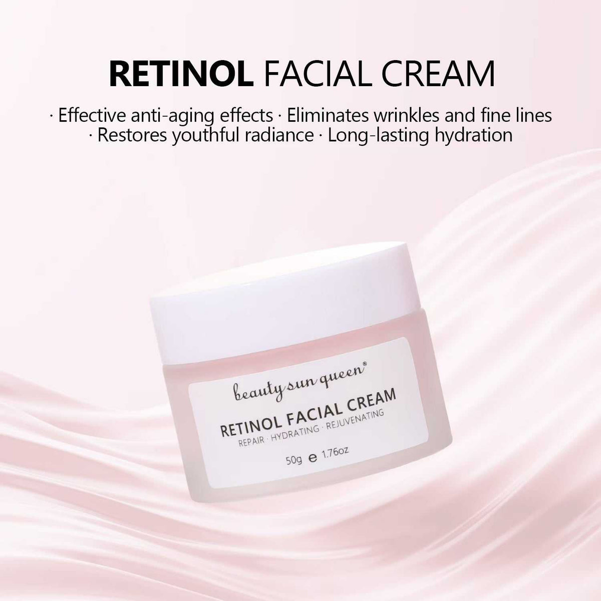 Crème Visage au Rétinol en pot rose pâle, avec couvercle blanc et étiquette indiquant une formule anti-âge