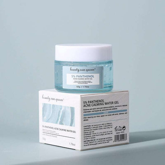 Gel apaisant Panthénol 5 % en pot transparent, gel bleu clair et boîte blanche assortie