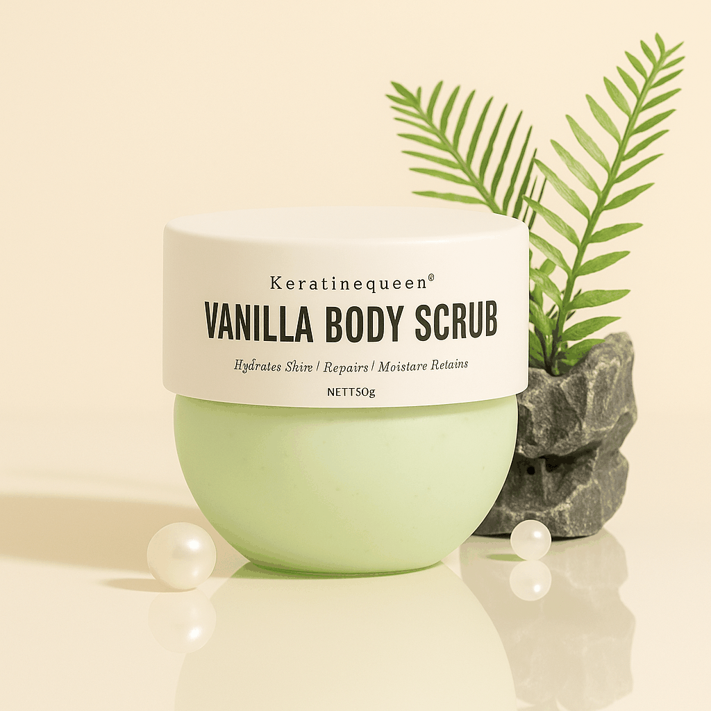 Gommage Corporel Éclat en pot vert pâle et blanc, texture crémeuse et parfum vanille indiqué