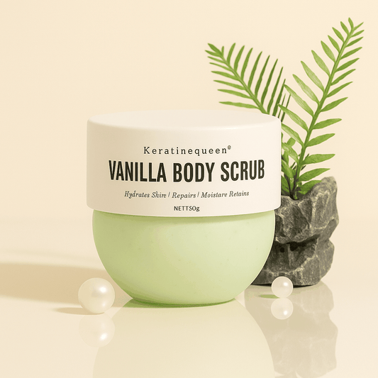 Gommage Corporel Éclat en pot vert pâle et blanc, texture crémeuse et parfum vanille indiqué