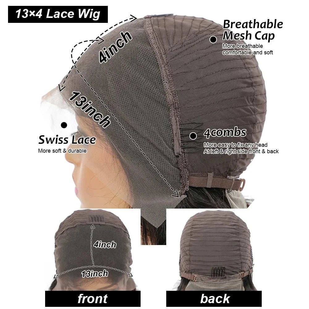 HD Bob dentelle brun à cheveux raides, avec lace suisse 13x4 et quatre peignes de fixation