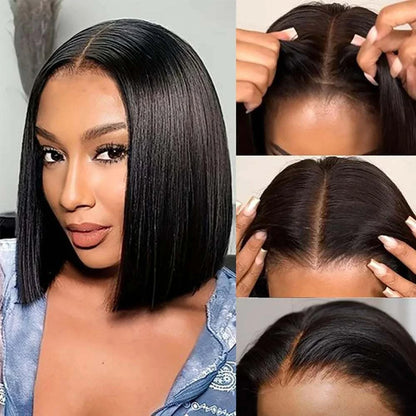 HD Bob dentelle noir en cheveux humains, coupe carré droite et raie centrale naturelle