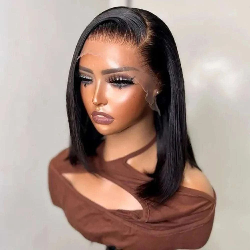 HD Bob dentelle noire en cheveux humains lisses, coupe carrée et raie sur le côté avec lace front