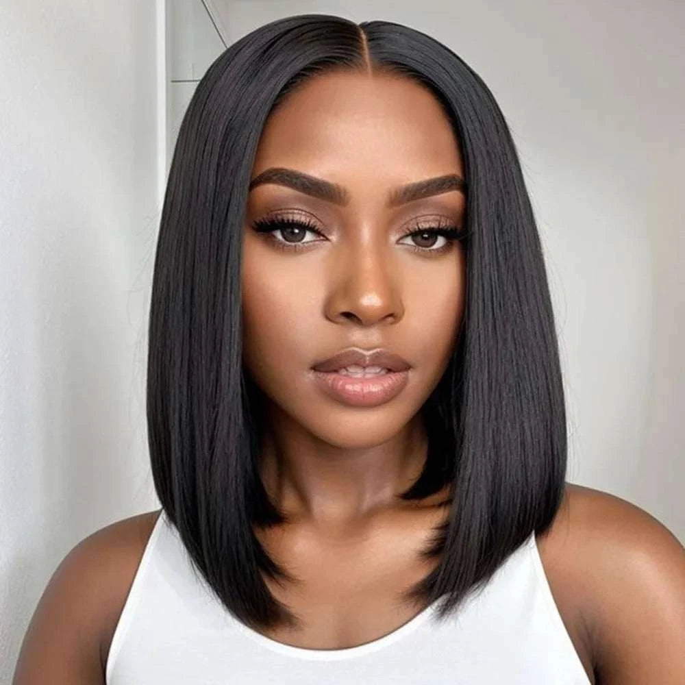 HD Bob dentelle noir en cheveux humains lisses, coupe carrée mi-longue avec raie centrale naturelle