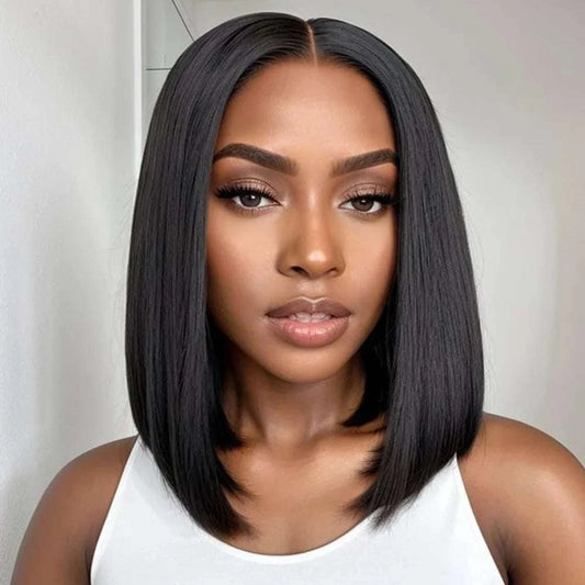 HD Bob dentelle noir en cheveux humains lisses, coupe carrée mi-longue avec raie centrale naturelle