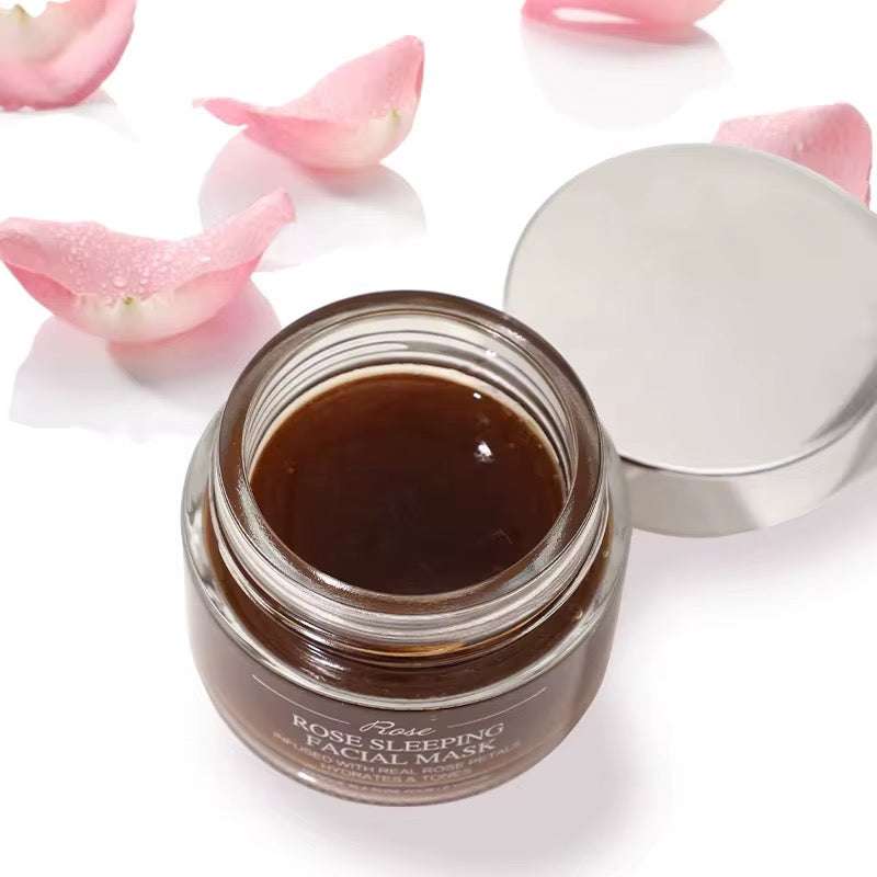 Masque Visage Nuit en pot ambré, texture brun translucide et étiquette Rose Sleeping Facial Mask
