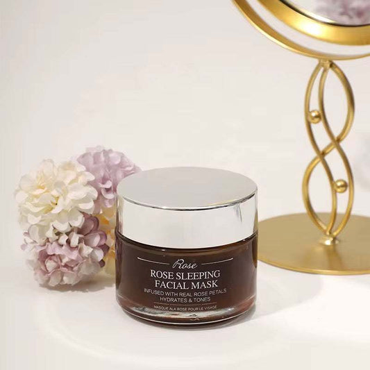 Masque Visage Nuit en pot brun translucide, couvercle argenté et étiquette Rose Sleeping Facial Mask
