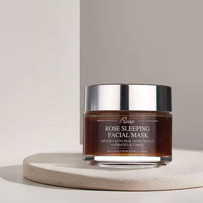 Masque Visage Nuit en pot ambré, couvercle argenté, étiquette rose et formule aux pétales de rose