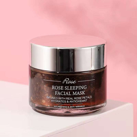 Masque Visage Nuit en pot transparent brun, gel rose et pétales visibles, couvercle métallique argenté