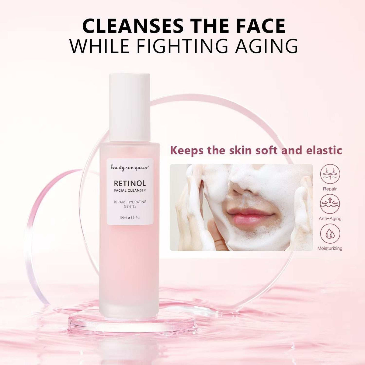 Nettoyant visage au rétinol rose dans un flacon pompe, formule crémeuse et hydratante anti-âge