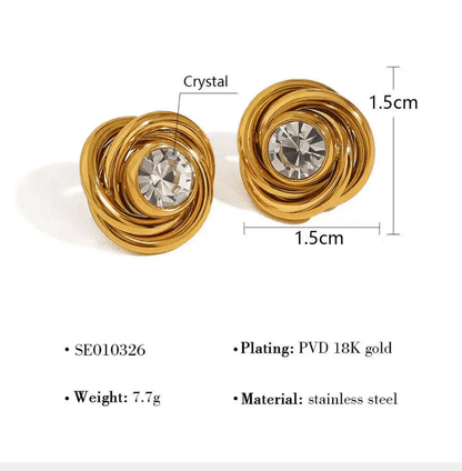 Parure Rose Dorée avec boucles d’oreilles en acier inoxydable doré, motif spiralé et cristaux centraux
