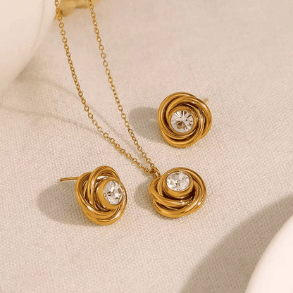 Parure Rose Dorée en acier inoxydable doré, collier et boucles d’oreilles à motifs circulaires avec zircons brillants