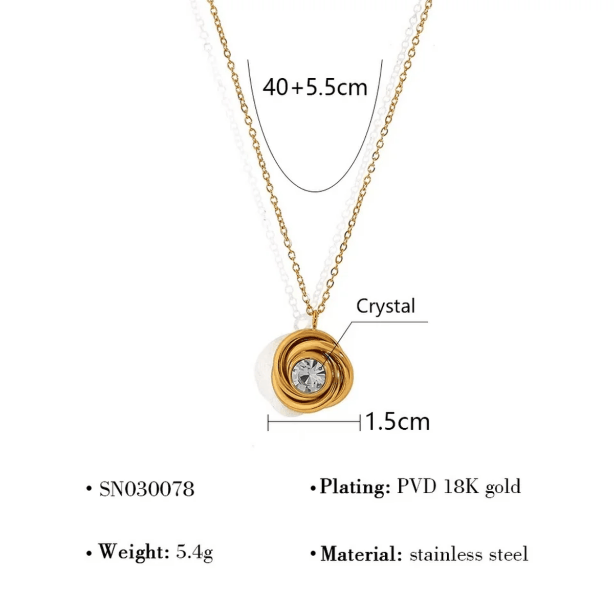 Parure Rose Dorée en acier inoxydable, collier à pendentif circulaire doré orné d’un cristal brillant