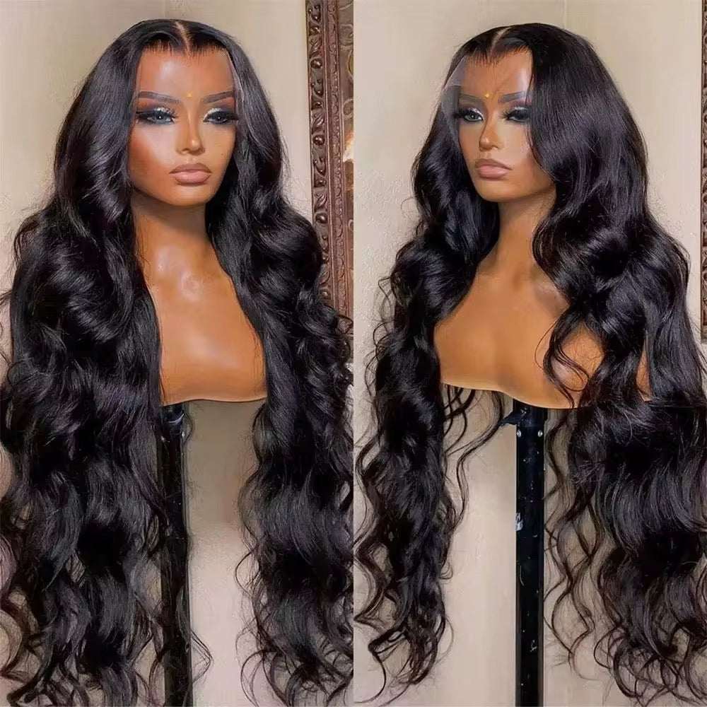 Perruque Body Wave noire en cheveux humains, longues ondulations souples et brillantes, raie centrale naturelle