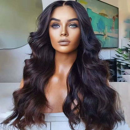 Perruque Body Wave noire en cheveux humains, longues ondulations souples, raie centrale et volume naturel