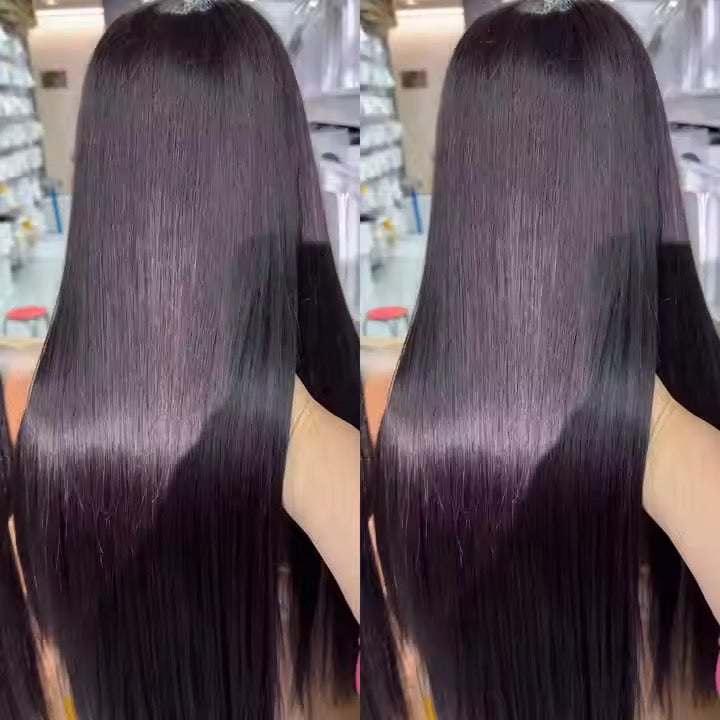 Perruque front lace noire en cheveux humains lisses, longue et soyeuse, avec finition brillante et naturelle