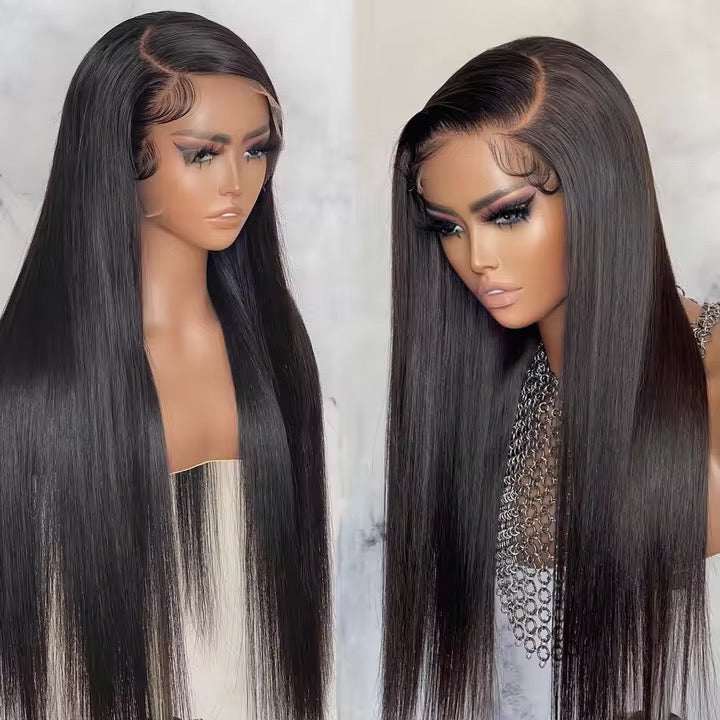 perruque front lace noire en cheveux humains lisses, longue avec dentelle HD et ligne frontale naturelle