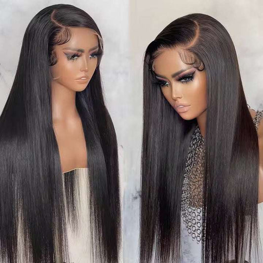perruque front lace noire en cheveux humains lisses, longue avec dentelle HD et ligne frontale naturelle