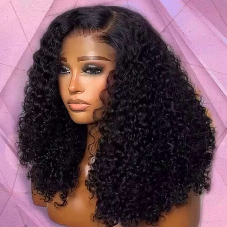 Perruque Kinky Curly noire en cheveux humains, boucles serrées et volumineuses avec raie naturelle