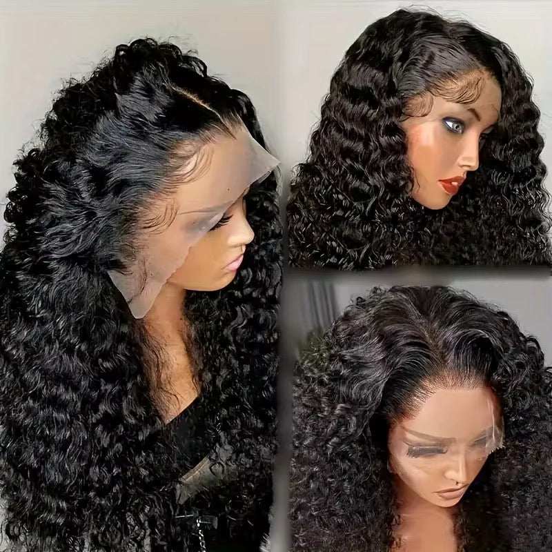 Perruque Kinky Curly noire en cheveux humains, boucles serrées et volumineuses avec lace front transparente