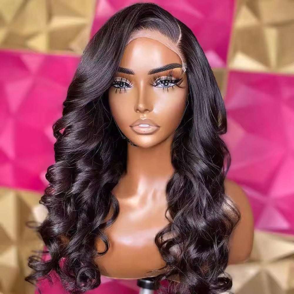 Perruque Loose Wave noire en cheveux humains, longues ondulations souples et ligne frontale pré-plumée