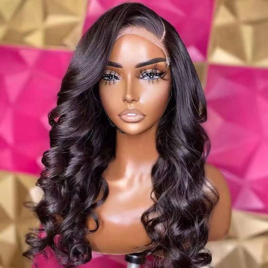 Perruque Loose Wave noire en cheveux humains, longues ondulations souples et ligne frontale pré-plumée