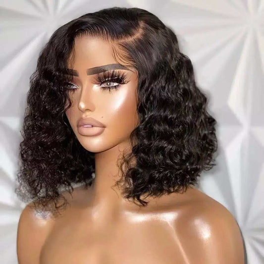 Perruque Water Wave noire en cheveux humains, ondulations serrées, coupe courte et ligne frontale naturelle