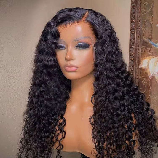 Perruque Water Wave noire en cheveux humains, longues ondulations serrées et raie centrale naturelle