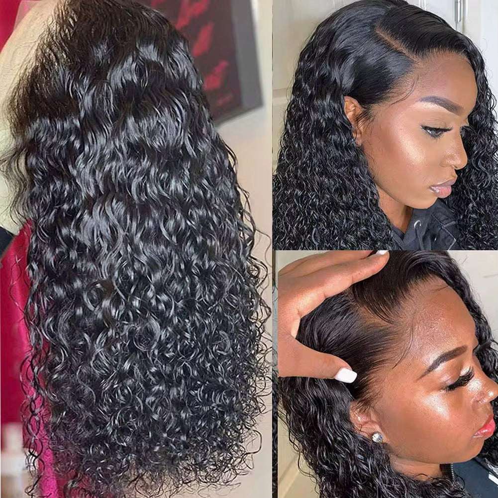 Perruque Water Wave noire en cheveux humains, ondulations serrées et fluides, raie naturelle et volume généreux
