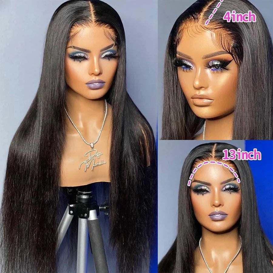 Perruques en dentelle noires en cheveux humains lisses, raie centrale et ligne frontale pré-plumée 13x4