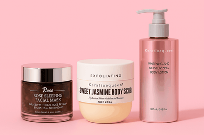 Routine Corps Éclat avec masque visage rose, gommage corps jasmin et lait hydratant rose en flacons